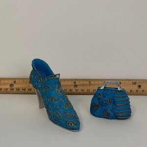 Vintage K's Collection Miniature High Heel Shoe & Purse Blue Silver Decoration